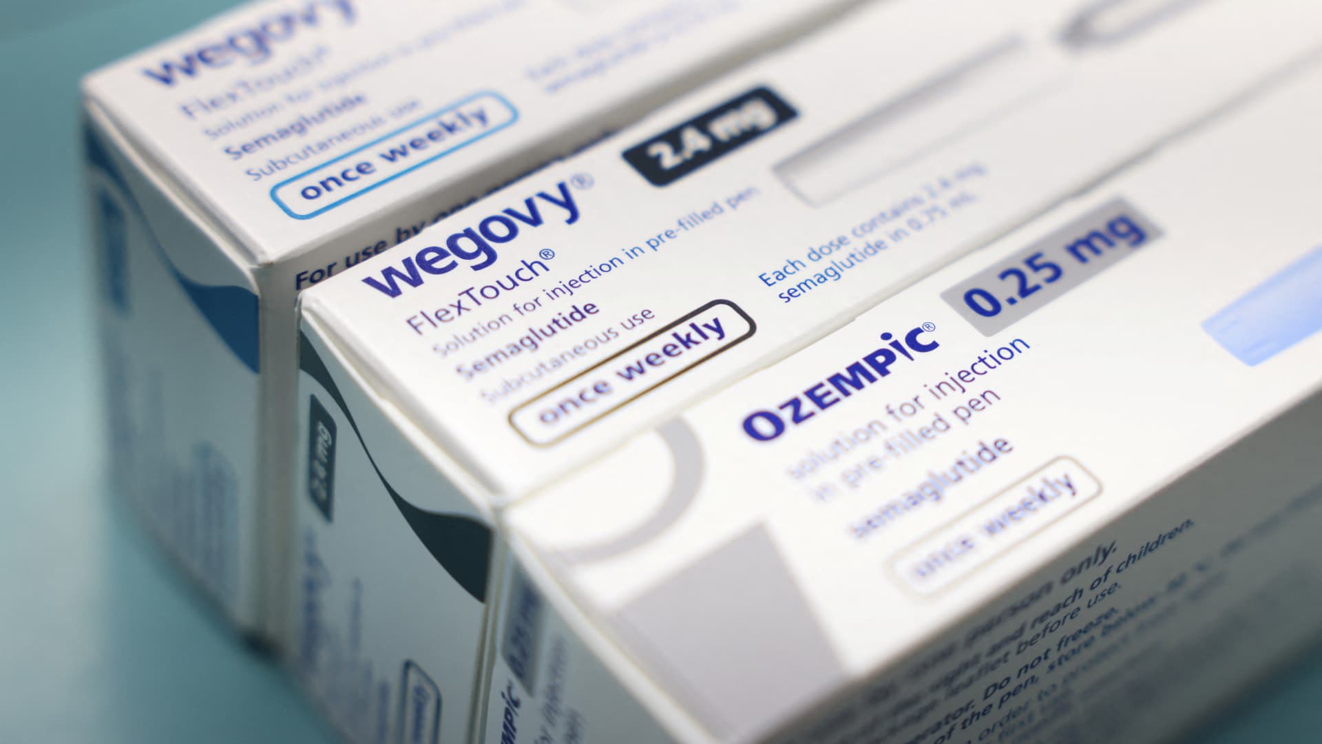 Boxes of Ozempic and Wegovy made by Novo Nordisk at a pharmacy in London on March 8, 2024.