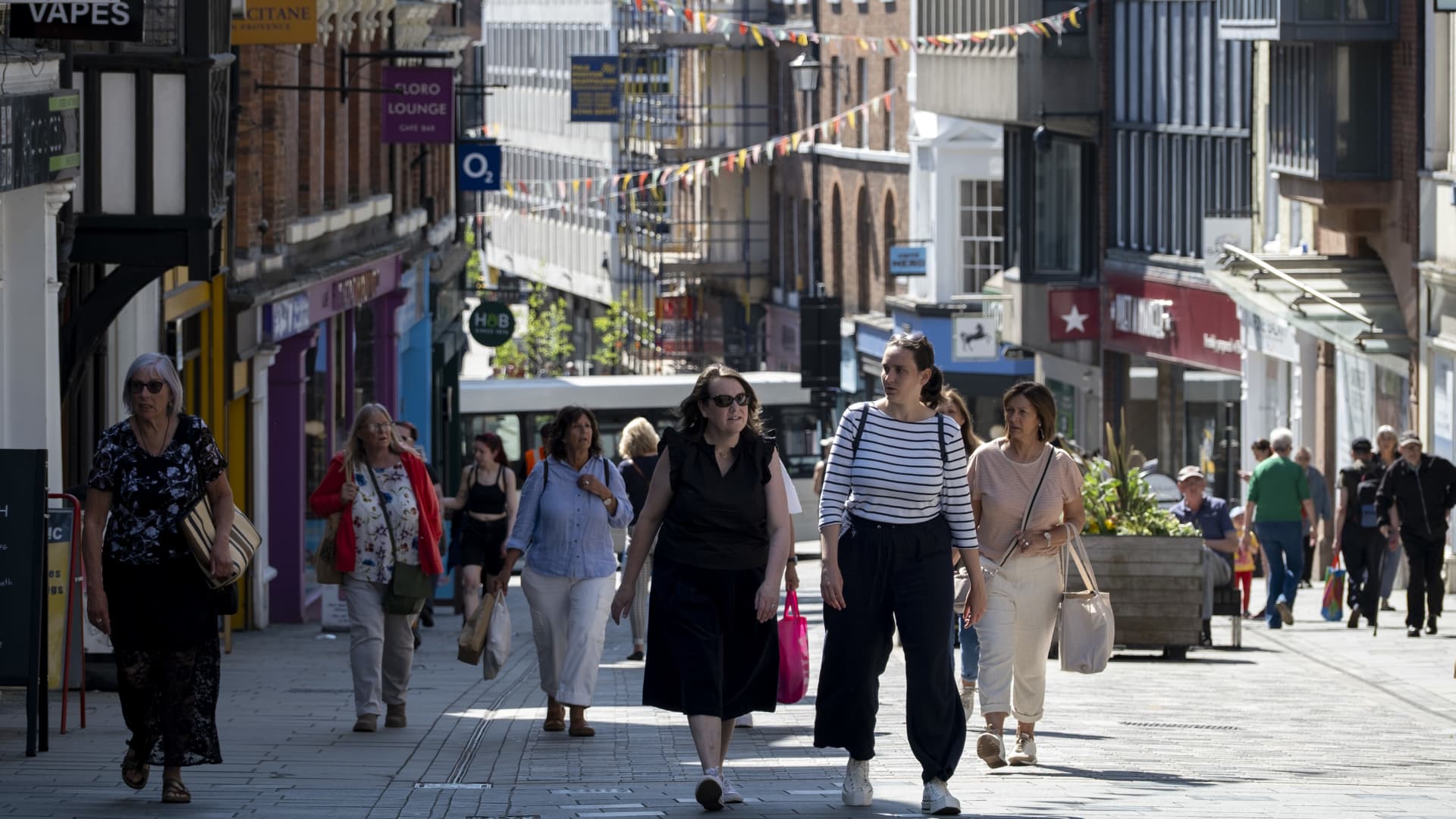 Shrewsbury town center on April 29, 2025, in Shrewsbury, England.