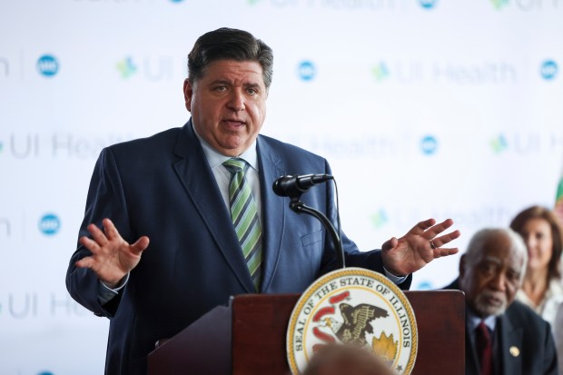 Illinois Gov. JB Pritzker speaks during a news conference at the UI Health Mile Square Health Center on Feb. 28, 2025. (Eileen T. Meslar/Chicago Tribune)