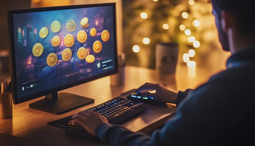 A gamer at home interacting with a PC game featuring virtual coins on screen, illustrating the concept of in-game currencies and their regulation in the esports industry.