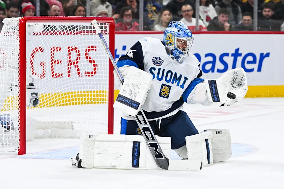 Nashville Predators goaltender Jusse Saros playing for Finland at the 4 Nations Face-Off. © David Kirouac-Imagn Images