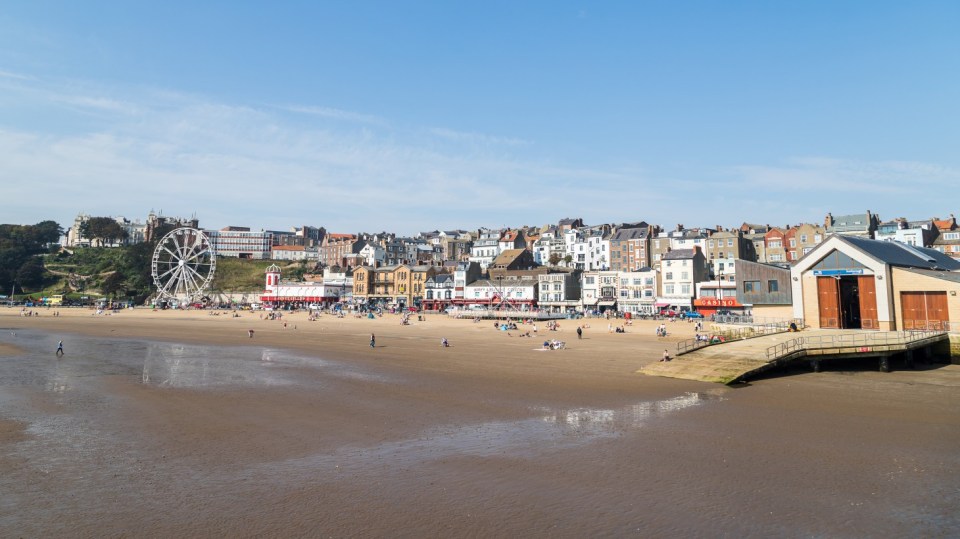South Bay of Scarborough pictured at low tide during September 2020 in North East England.