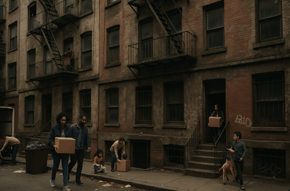 Families moving out of a rundown urban apartment building, carrying boxes and belongings past cracked walls and fire escapes