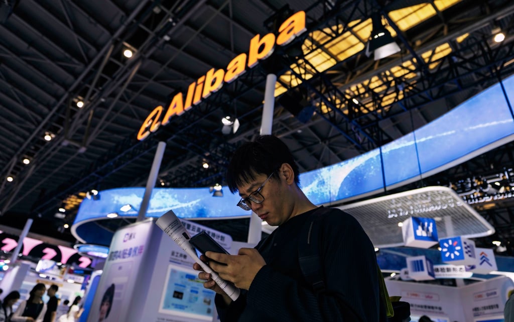 An Alibaba booth during the World Artificial Intelligence Conference in Shanghai on Monday. Photo: EPA