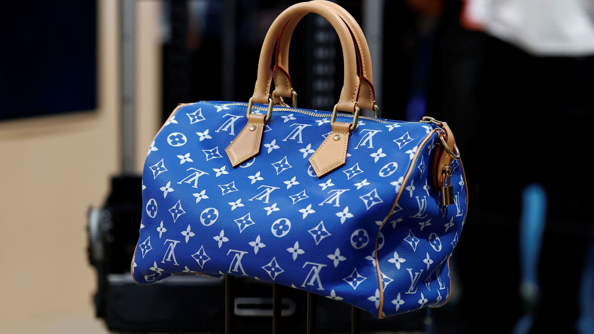A Louis Vuitton bag is displayed at the LVMH Moet Hennessy Louis Vuitton stand during the Viva Technology conference dedicated to innovation and startups at Porte de Versailles exhibition center in Paris, France, June 12, 2025.