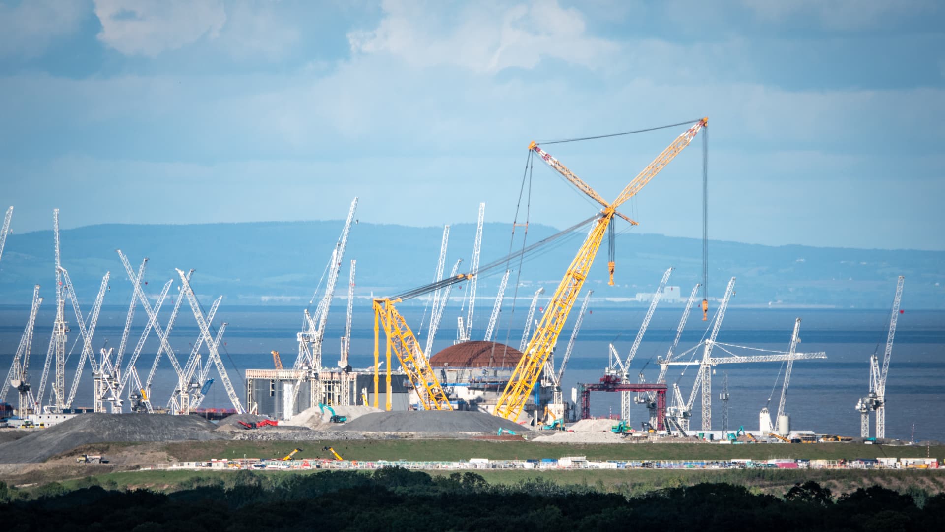 Cranes surround one of the two reactors being constructed at Hinkley Point C on September 27, 2024 in Bridgwater, England.