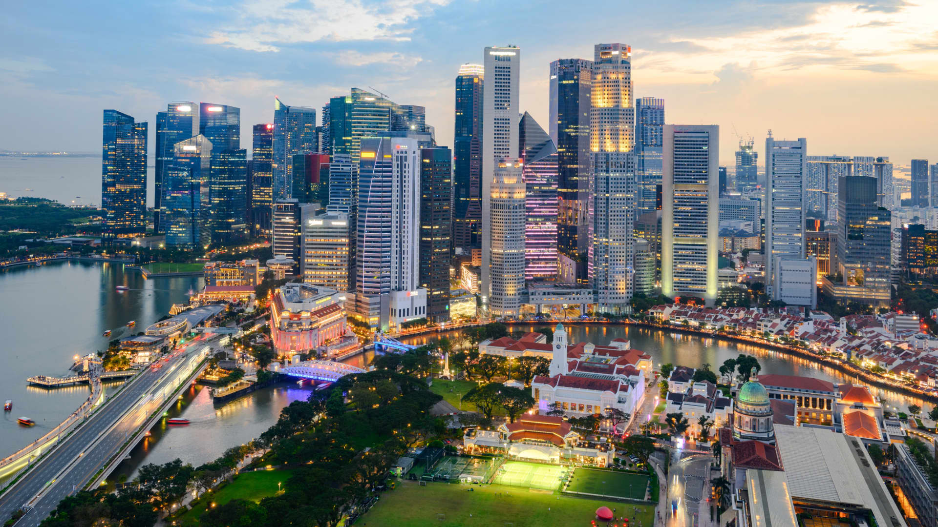 Aerial View of the City Illuminated at Sunset