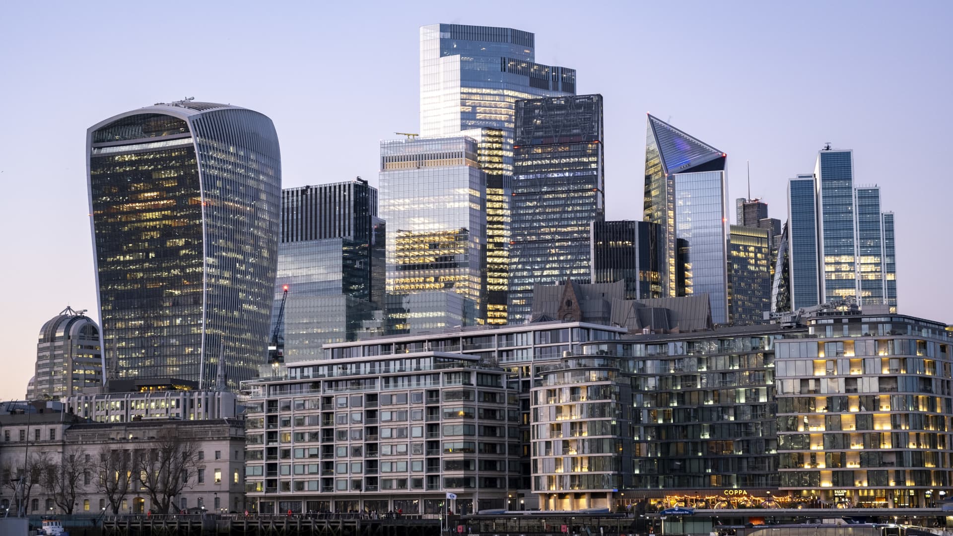 City of London skyline with 20 Fenchurch Street, affectionately nicknamed the Walkie Talkie, in London, United Kingdom.