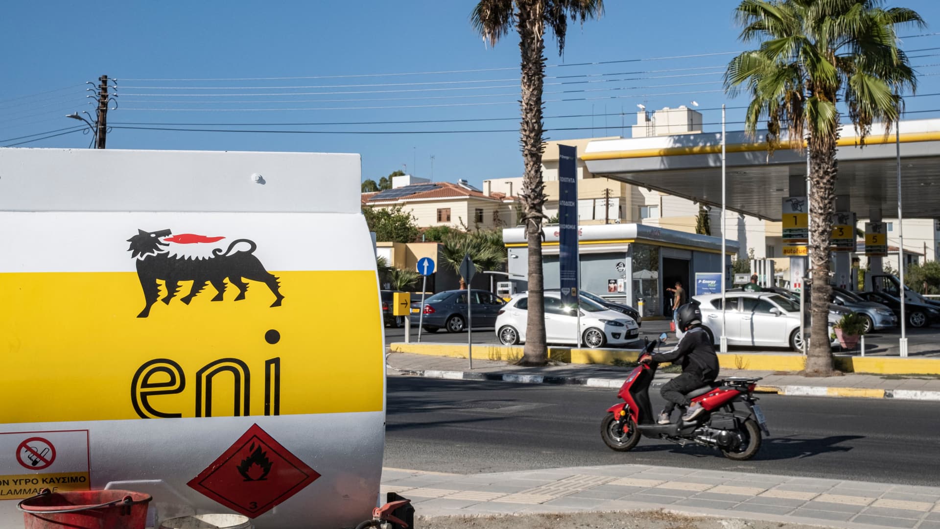 The logo of Italian multinational oil and gas company is displayed on a fuel tanker truck parked outside an Eni petrol station in Cyprus' capital Nicosia on September 9, 2022.