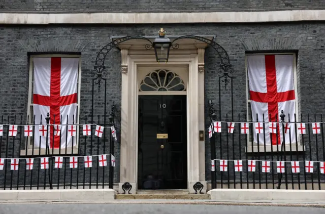 General view of England flags outside 10 Downing Street