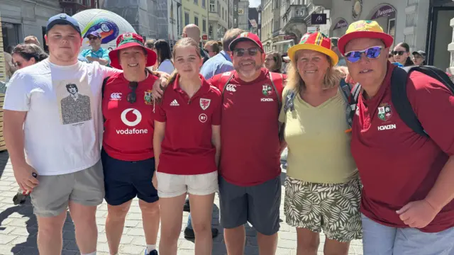 Welsh fans (left to right) Aneurin Williams, Julie Cashell, Anwen Williams, Stuart Williams, Margaret Rees and Linda Rosser have enjoyed "friendly banter" with England fans in St. Gallen