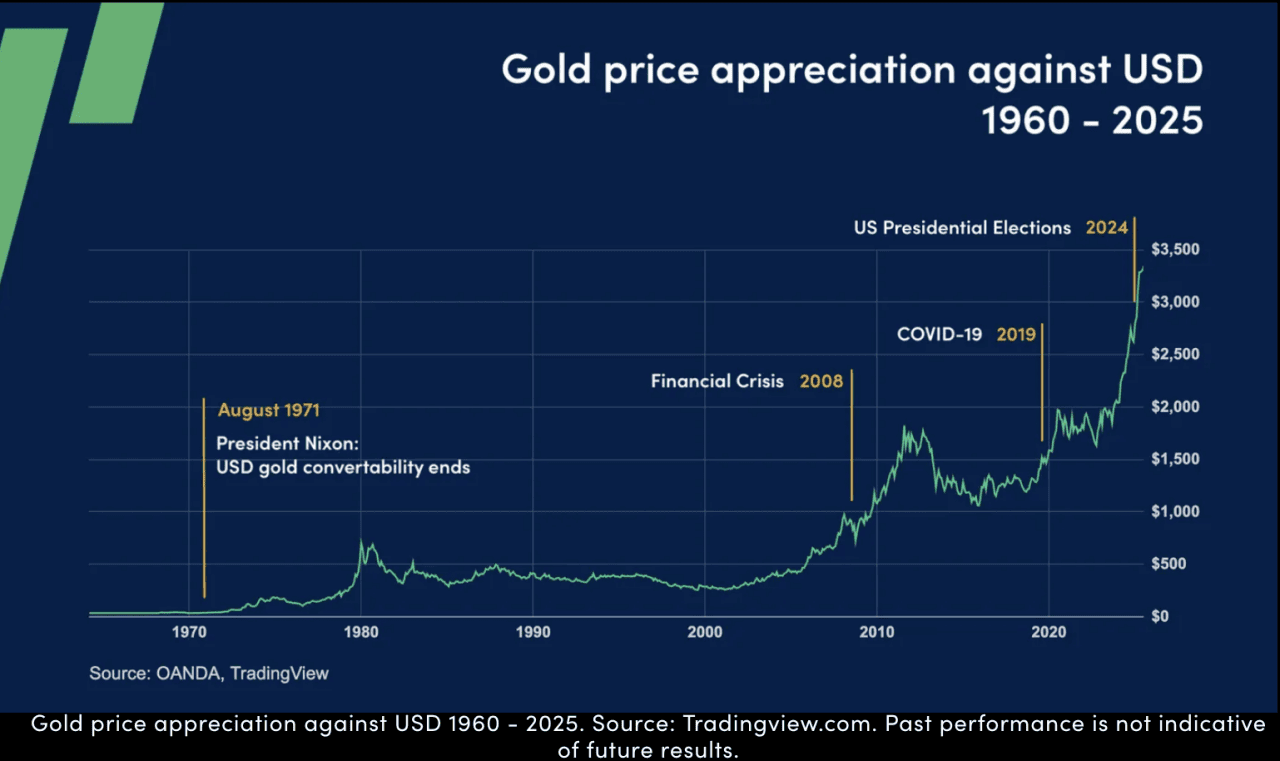 Data chart showing gold price appreciation against USD from 1960-2025.