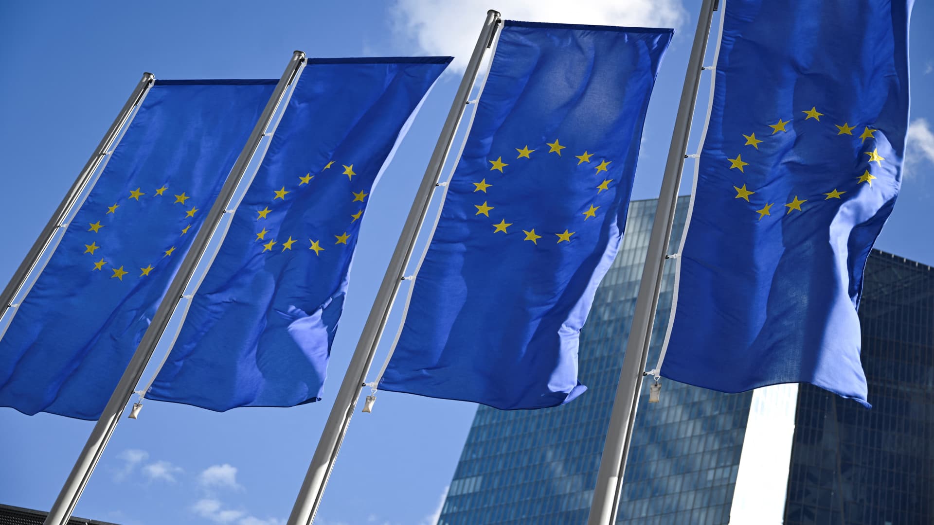 European Union flags flutter on the day European Central Bank (ECB) President Christine Lagarde speaks to reporters following the Governing Council's monetary policy meeting in Frankfurt, Germany September 12, 2024. 