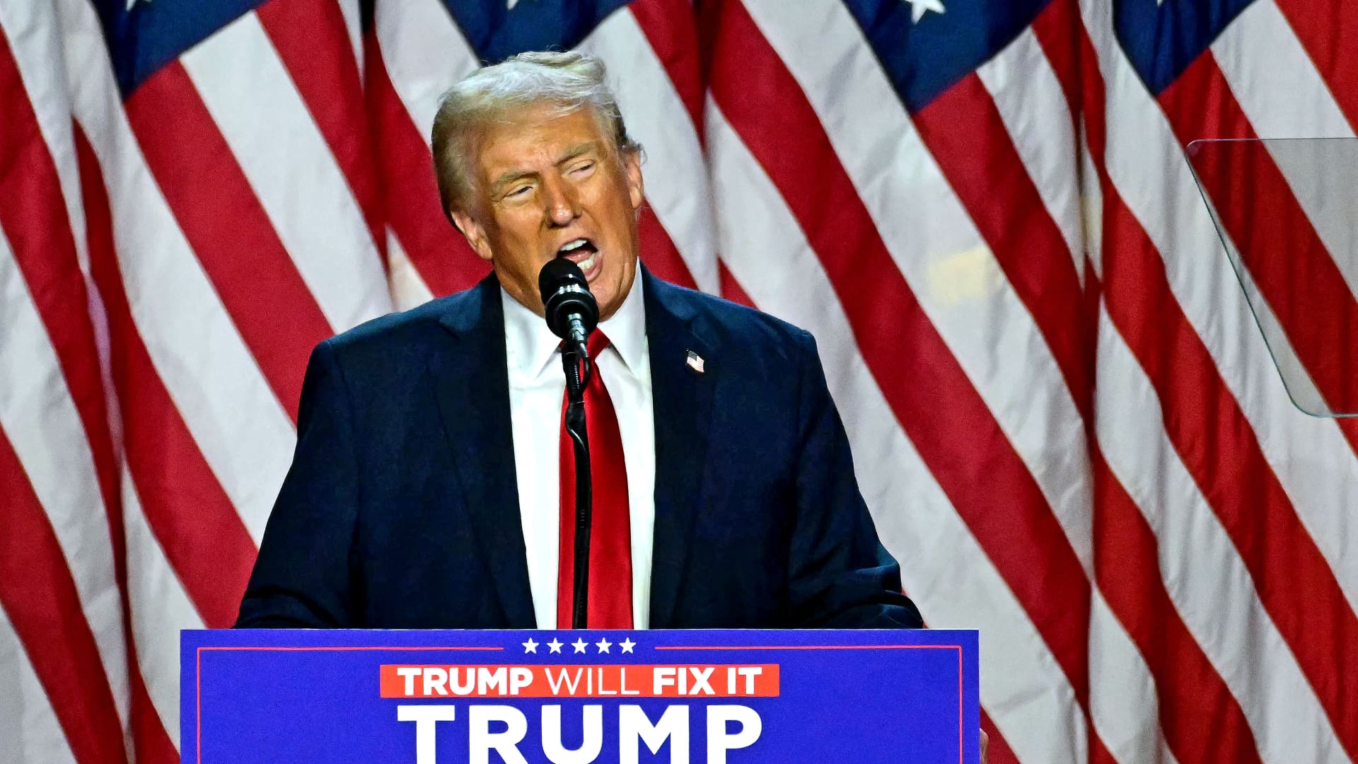 President-elect Donald Trump speaks during an election night event at the West Palm Beach Convention Center in West Palm Beach, Florida, on Nov. 6, 2024.