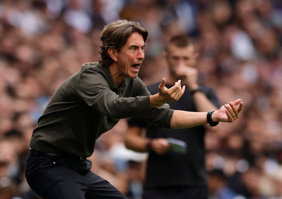 Thomas Frank, Tottenham Hotspur manager, reacting during a soccer match.