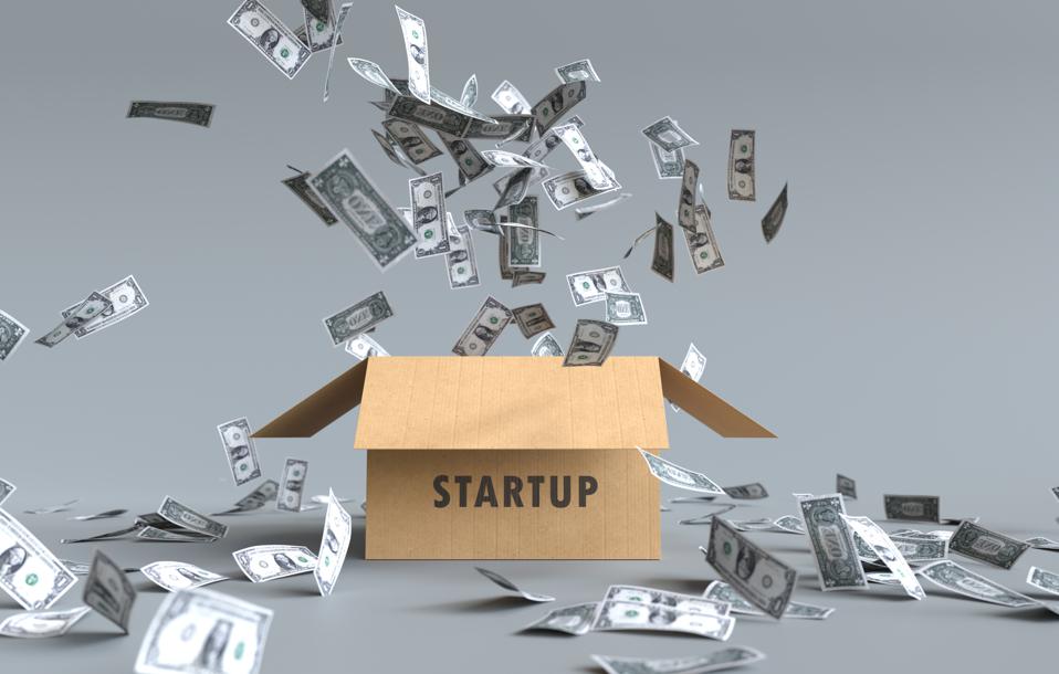 Dollar cash rising from startup concept box. 3D illustration
