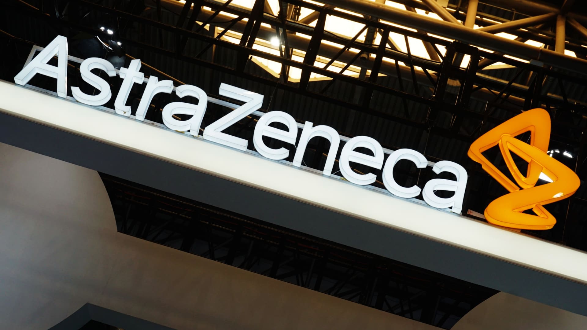 The Astrazeneca logo is pictured at the World Artificial Intelligence Conference 2021 in Shanghai, China, July 7, 2021.