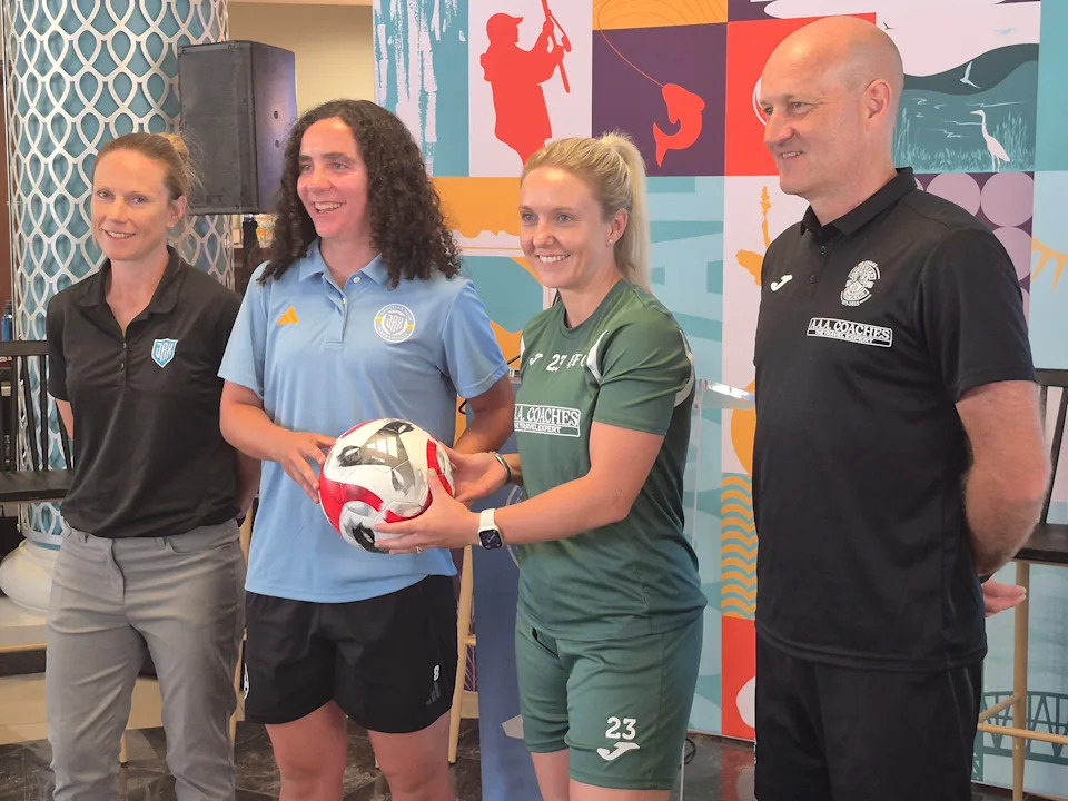 Sporting Club Jacksonville head coach Stacey Balaam, Sporting Jax midfielder Sophie Jones, Hibernian midfielder Rachael Boyle and Hibernian head coach Grant Scott are pictured at a July 30, 2025 press conference ahead of the teams' soccer match. [Clayton Freeman/Florida Times-Union]