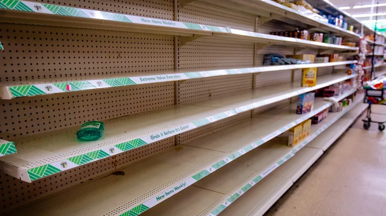 Empty shelves at a neighborhood dollar store