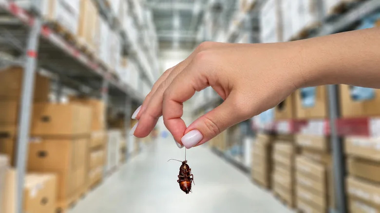 Woman standing in a warehouse holding a dead bug