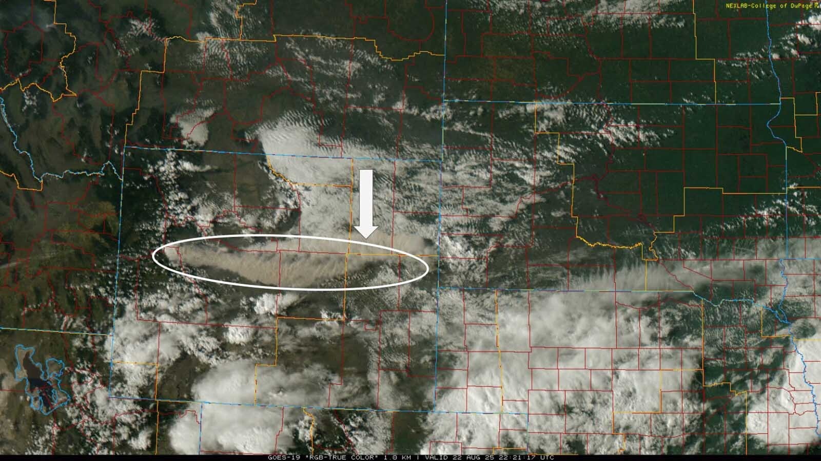 The smoke plume from the Dollar Lake Fire is clearly blowing across Wyoming in this satellite image from the National Weather Service.