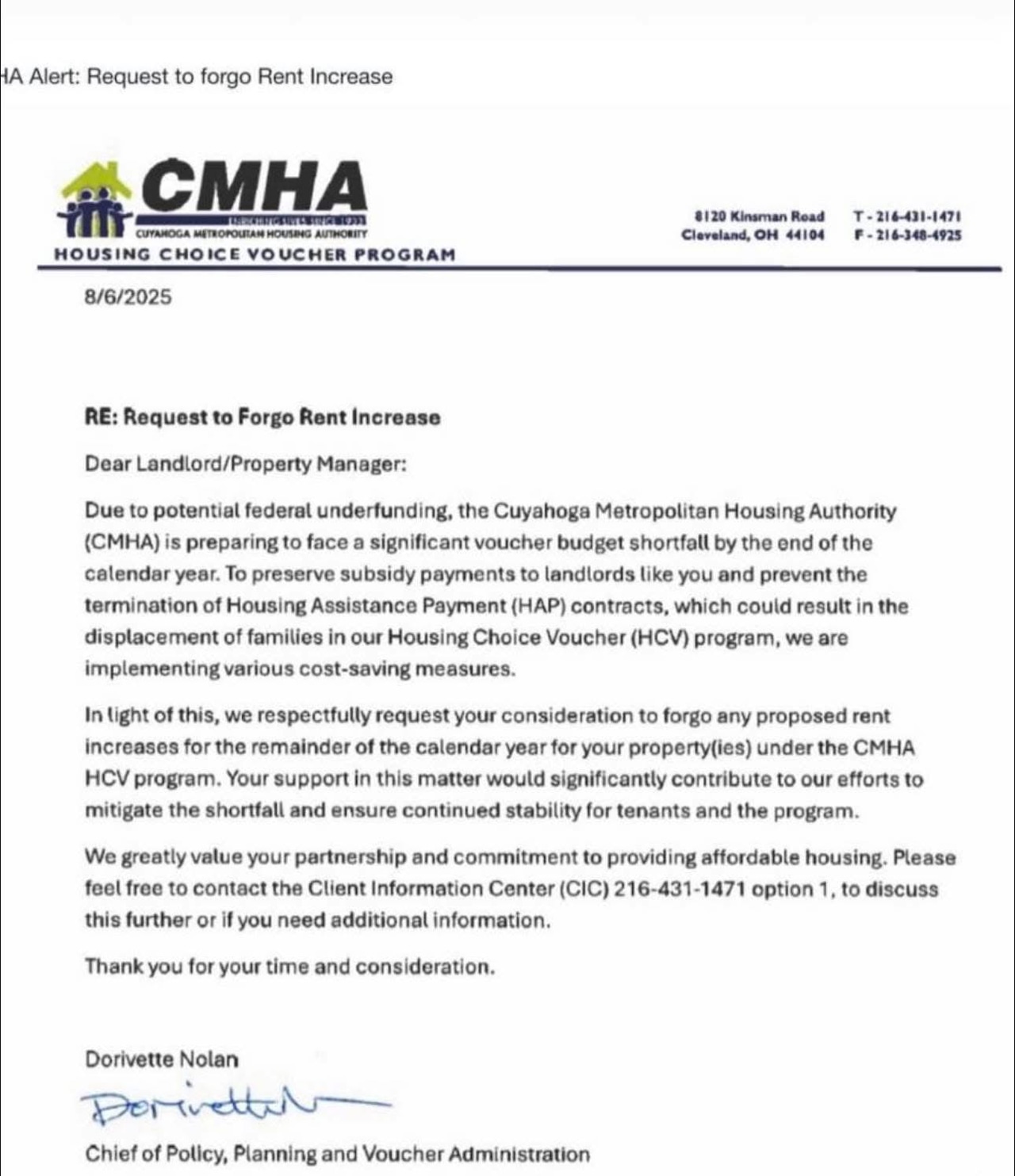 Letter from CMHA