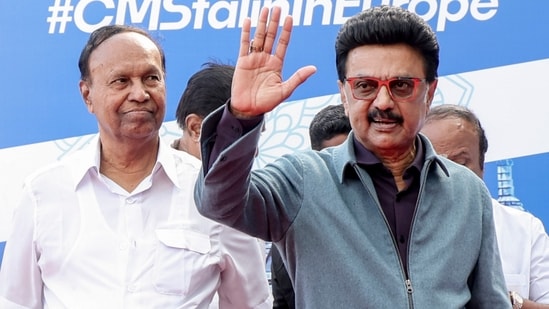 Tamil Nadu Chief Minister M.K. Stalin with DMK leader T.R. Baalu as he leaves for a week-long trip to Germany and the UK to attract investments to the state, at Chennai Airport(PTI)