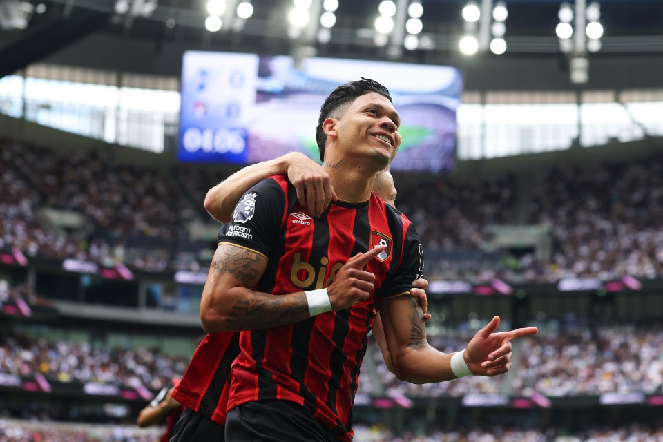 Evanilson of AFC Bournemouth celebrates scoring a goal.