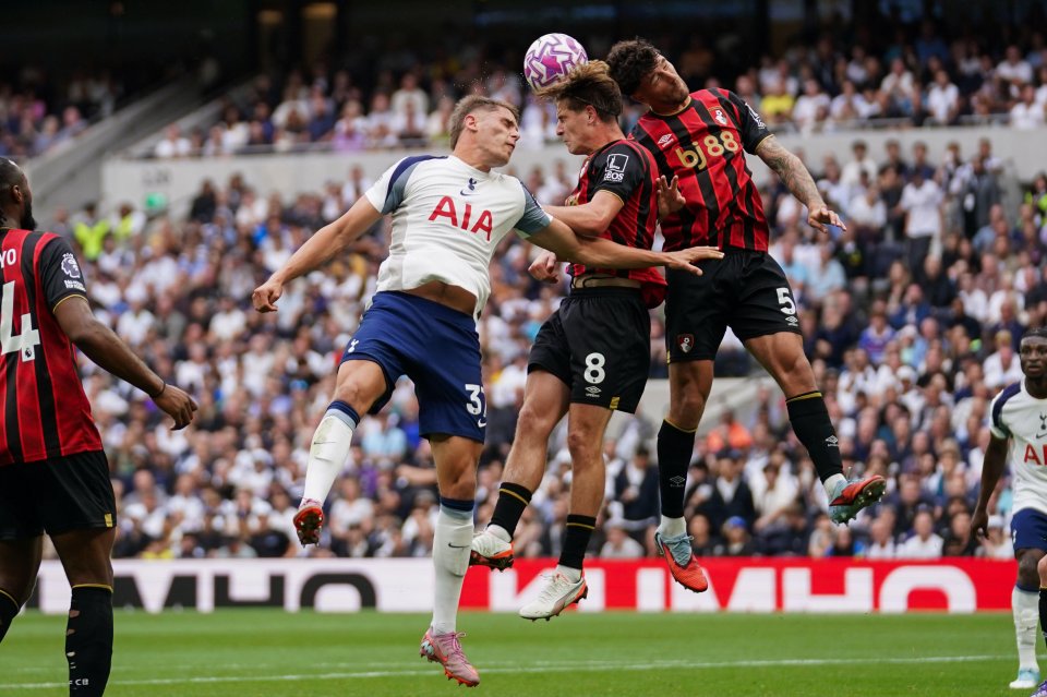 Tottenham Hotspur and Bournemouth players vying for the ball during a Premier League match.