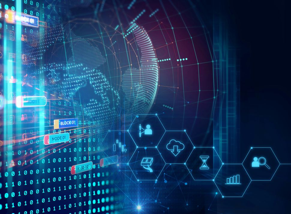 Futuristic globe map with technology icons