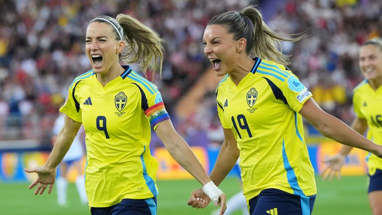 Sweden's Kosovare Asllani, left, celebrates with Sweden's Johanna Rytting Kaneryd after scoring the opener against England