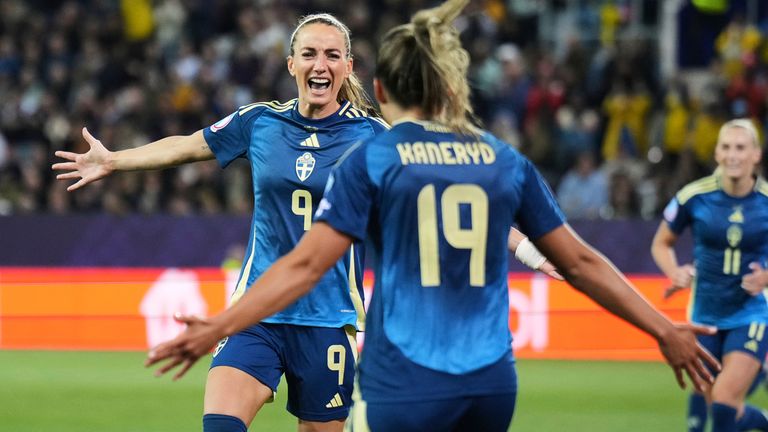 Sweden's Kosovare Asllani celebrates after scoring her side's second goal against Poland in the Euro 2025 Group C match