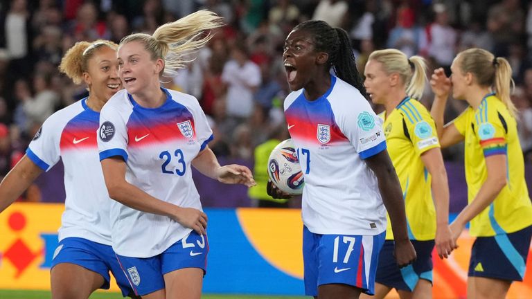 Michelle Agyemang and England celebrate after levelling up the quarter-final with Sweden