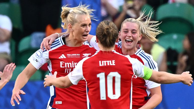 Stina Blackstenius (second left) celebrates scoring for Arsenal during the Women's Champions League final against Barcelona