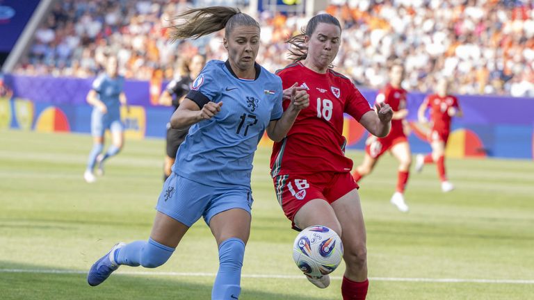 Victoria Pelova (left) of the Netherlands and Esther Morgan (right) of Wales compete for possession (Urs Flueeler/Keystone via AP)