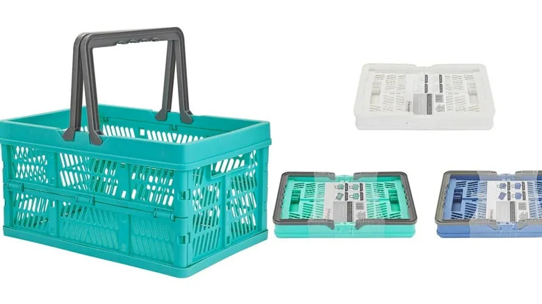 A green collapsible basket fully assembled, and green, white, and blue baskets in collapsed form