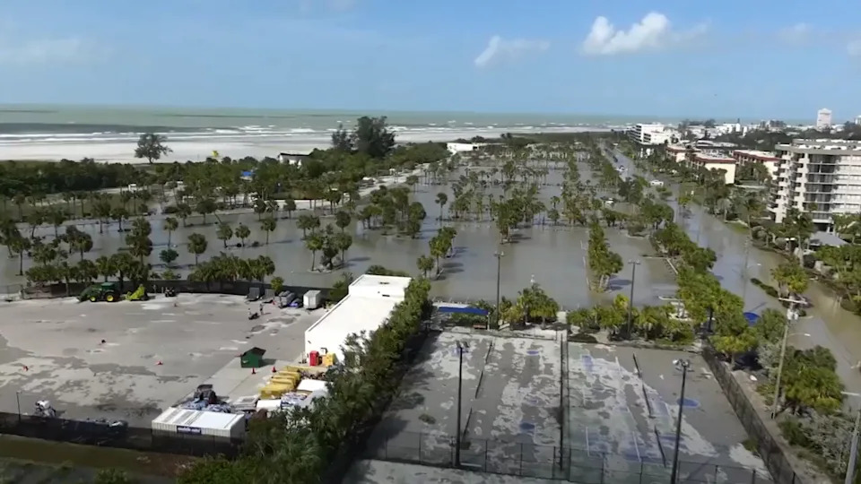 This still from a drone video shows extensive flooding on Siesta Key the day after Hurricane Helene.