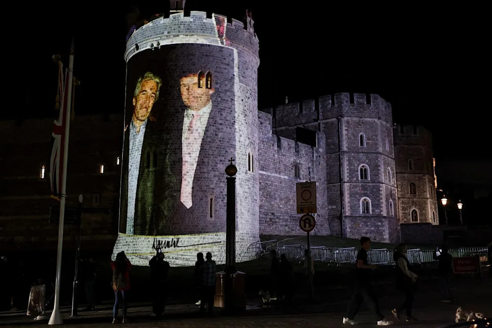 An image of U.S. President Donald Trump alongside disgraced financier Jeffrey Epstein is projected on Windsor castle (REUTERS)
