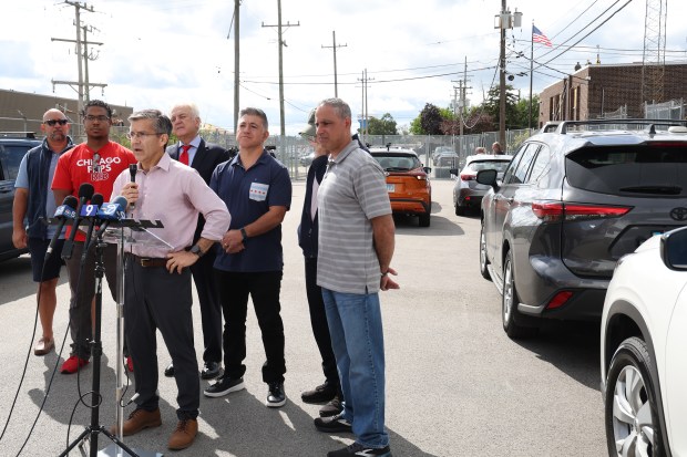 Republican candidate for governor Ted Dabrowski speaks with media outside the Immigration and Customs Enforcement facility in Broadview, on Sept. 24, 2025. Along with Dabrowski members of the Illinois Angel Families - those who have had a loved one killed by a person residing in the U.S. illegally. (Antonio Perez/Chicago Tribune)