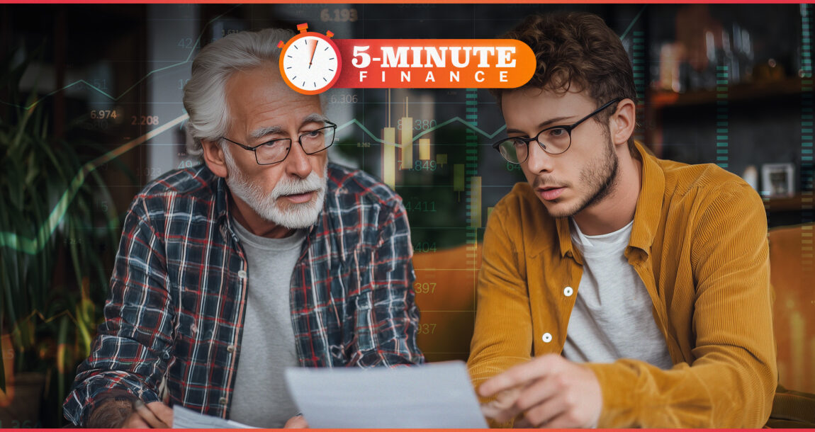 Image shows a father and son going over finances