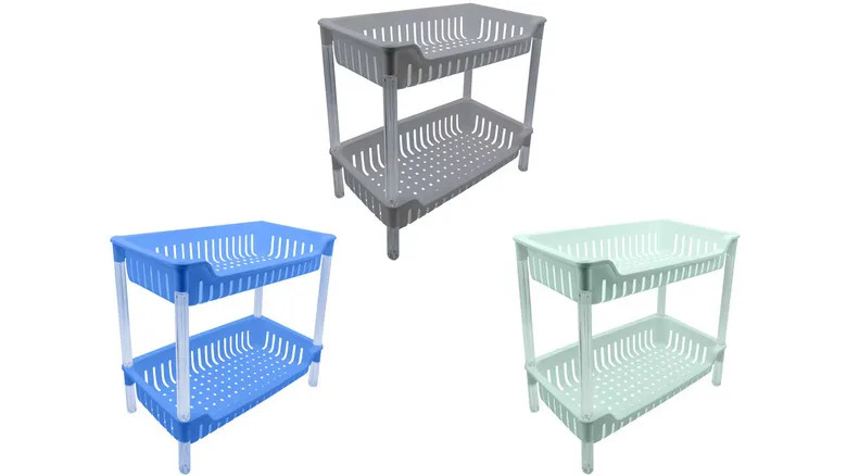 Three sets of two-tiered basket shelving, one blue, one gray, and one green