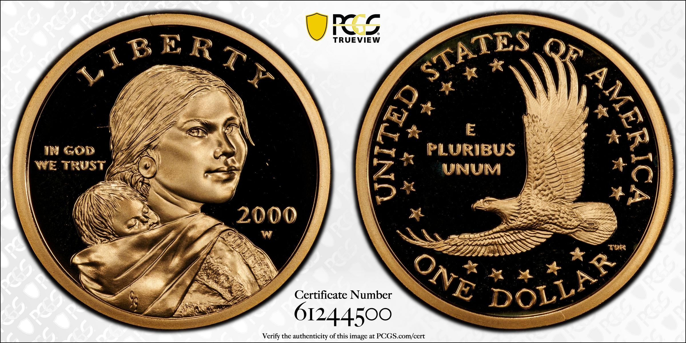 a gold dollar coin. the heads side has a woman holding a baby on her back named sacagewea on it and the back an eagle with 17 stars