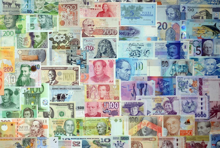 Montage of various international bank notes.
