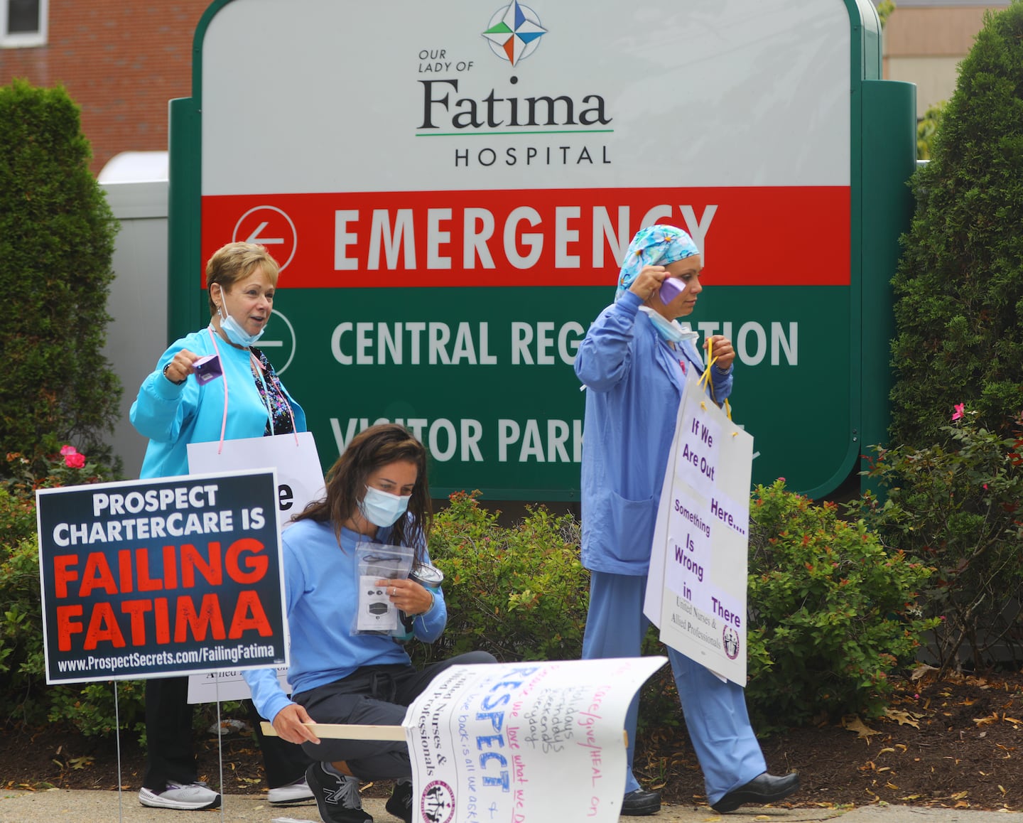 Members of UNAP  Local 5110 stage an informational picket at Our Lady of Fatima Hospital, in North Providence, R.I.