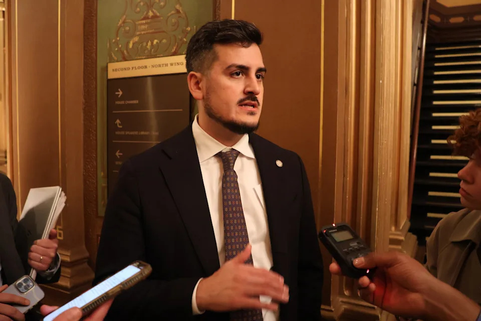Senate PreK-12 appropriations Subcommittee Chair Darrin Camilleri (D-Trenton), discusses education budget with reporters. Oct. 2, 2025 | Photo by Kyle Davidson/Michigan Advance