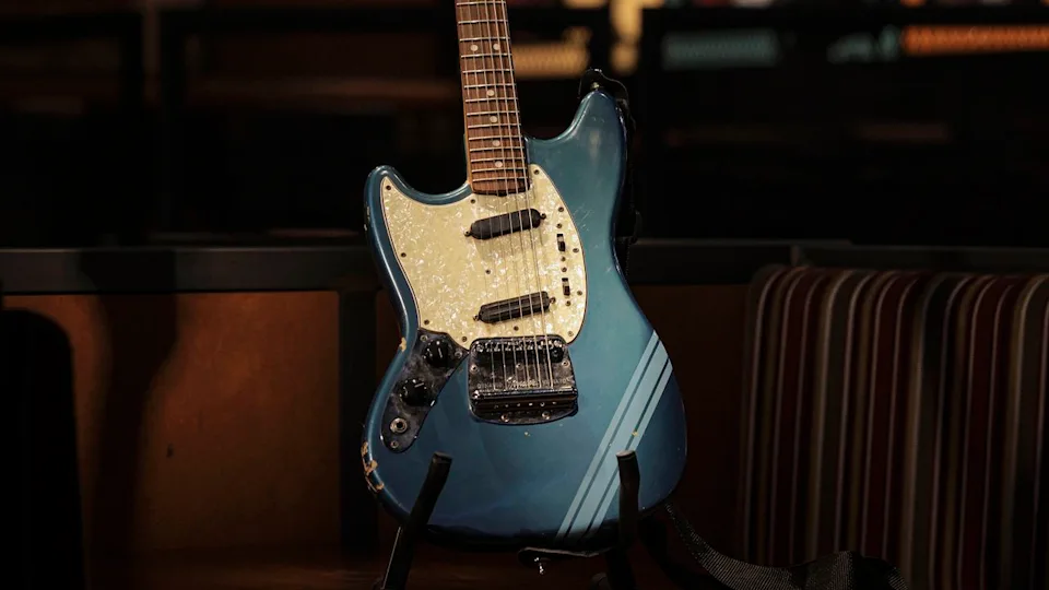 Kurt Cobain's 1969 Fender Mustang electric guitar photographed at Hard Rock Cafe on April 28, 2022 in London, England.