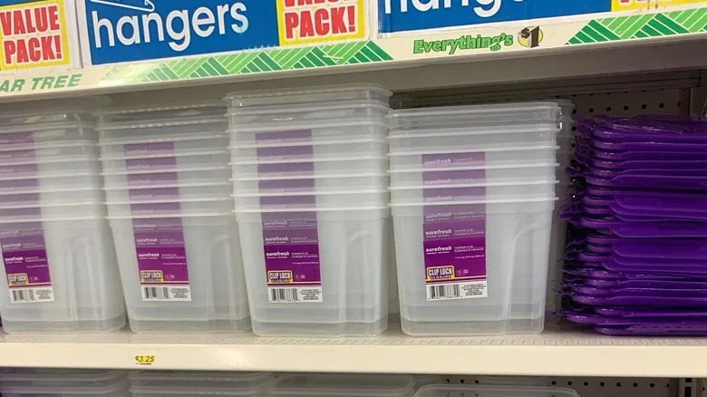 A shelf stocked with Surefresh cereal storage containers at Dollar Tree.
