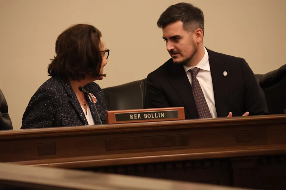 House Appropriations Committee Chair Ann Bollin (R-Brighton Township) and Senate PreK-12 appropriations Subcommittee Chair Darrin Camilleri (D-Trenton), discuss education budget prior to passage. Oct. 2, 2025 | Photo by Kyle Davidson/Michigan Advance