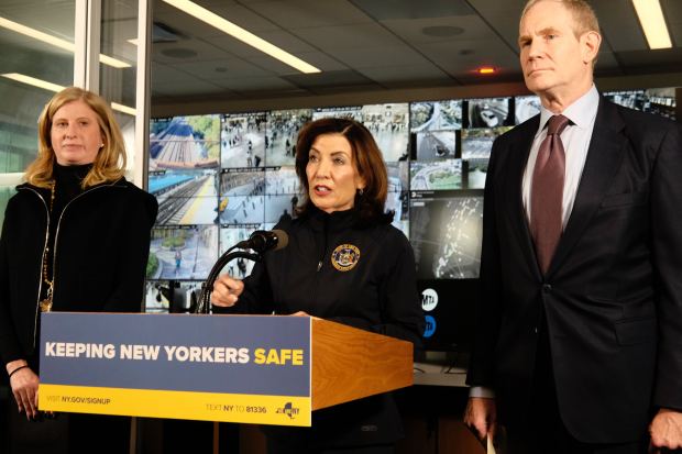 Gov. Kathy Hochul spoke alongside MTA Chairman Janno Lieber and NYPD Commissioner Jessica Tisch Thursday, Oct. 9, 2025, blasting the Trump administration for "defunding the police" and denying $34 million in transit security grants to New York.