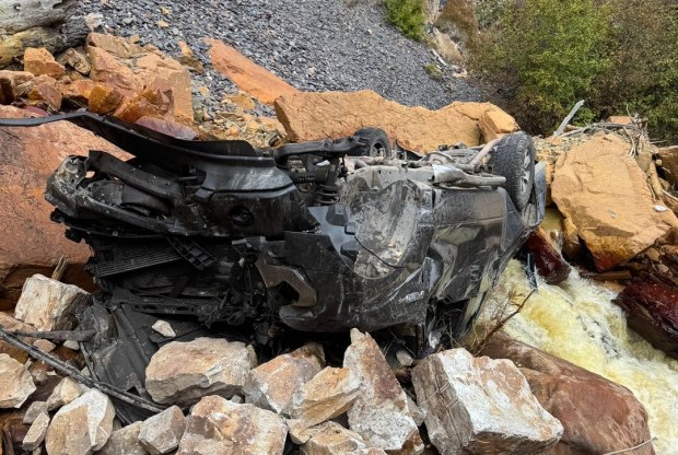 The wreckage of a pickup truck that plummeted 300 feet off U.S. 550 on Red Mountain Pass into the Uncompahgre River Gorge on Thursday, Oct. 9, 2025. (Photo courtesy Ouray Mountain Rescue Team)